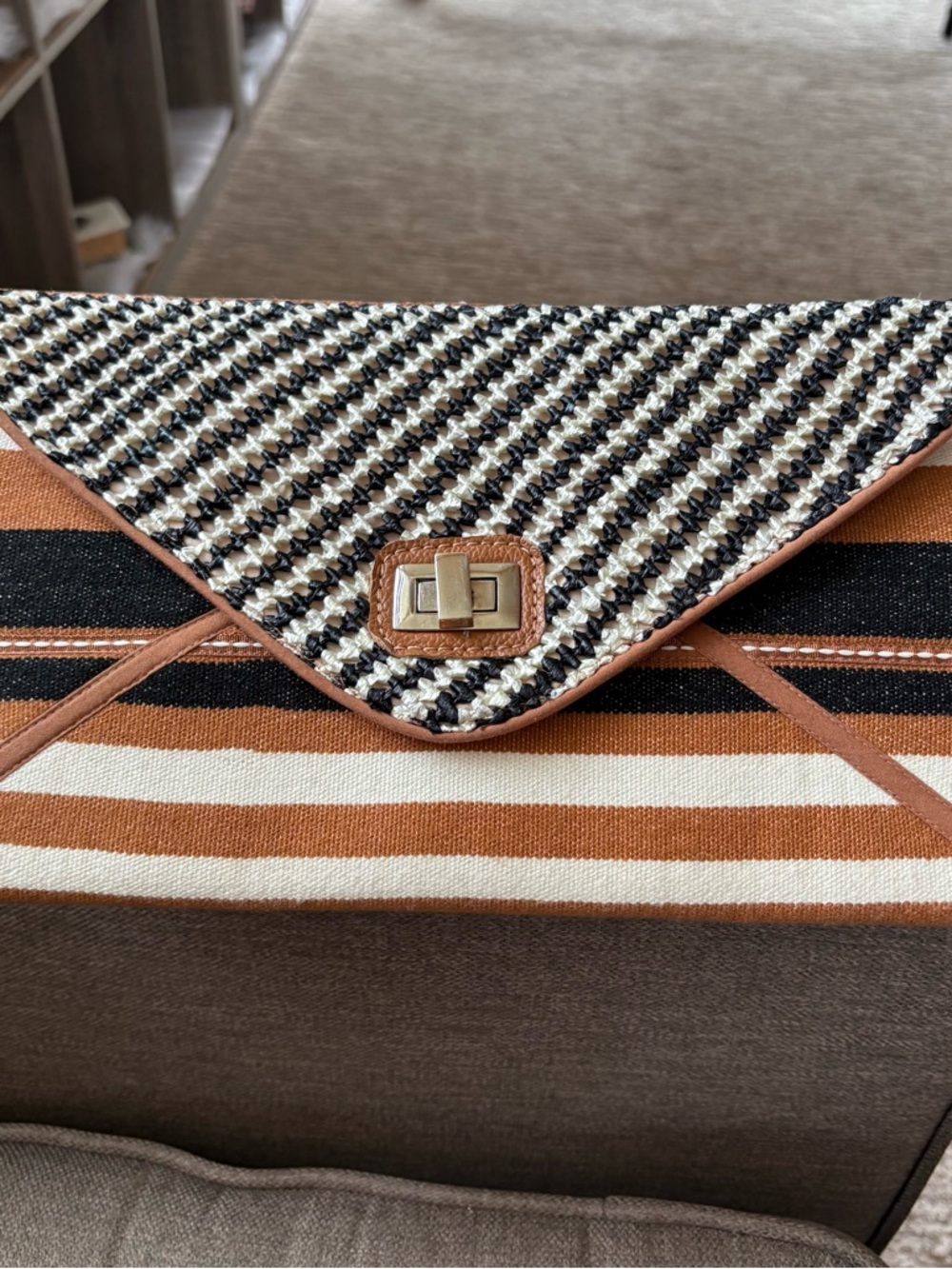 Ecote Striped Woven Envelope Clutch in Black, White & Tan. INV25/523  11.5”X7“